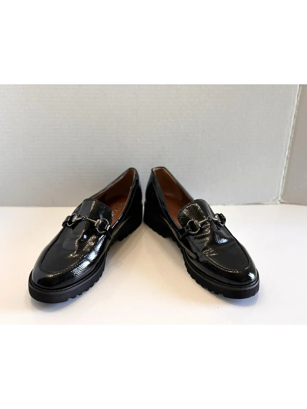 Franco Sarto Cason Loafers Womens Sz 8 M Black Patent Lug Sole Bit Slip On Shoes
